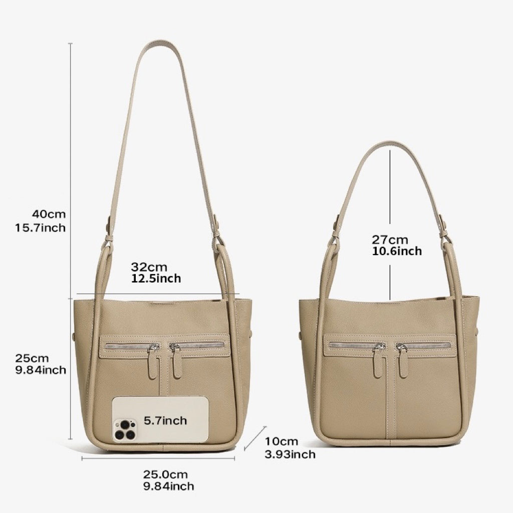 Top Grain Leather Luxury Bucket Bag with Dual-Zip and Removable Liner