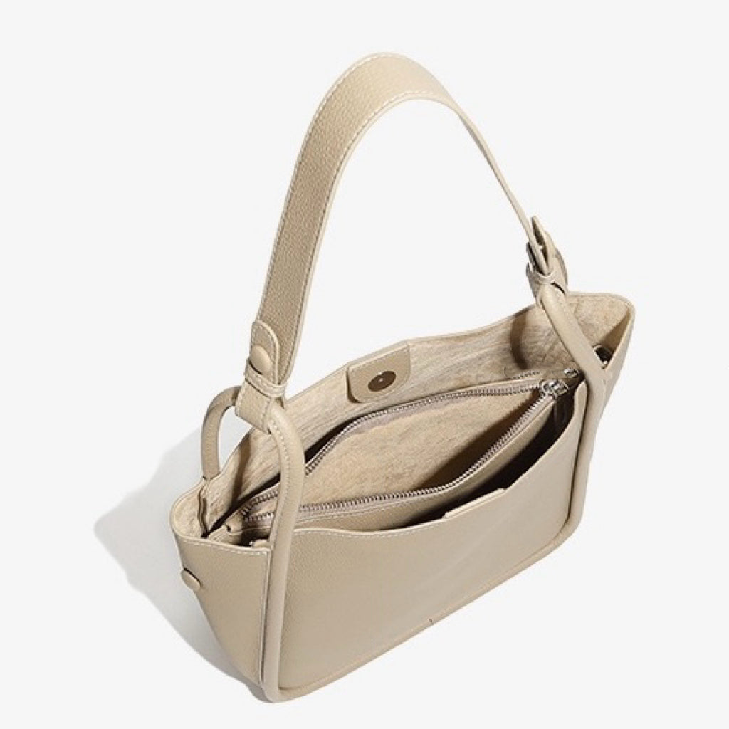 Top Grain Leather Luxury Bucket Bag with Dual-Zip and Removable Liner