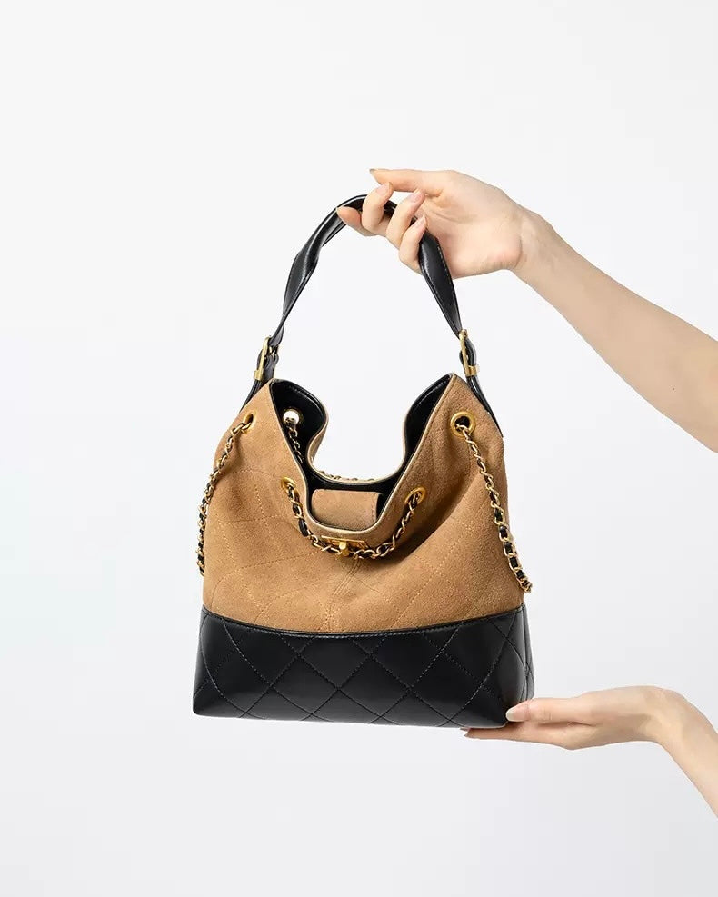 Color Block Suede & Leather Bucket Bag with Chain Detail