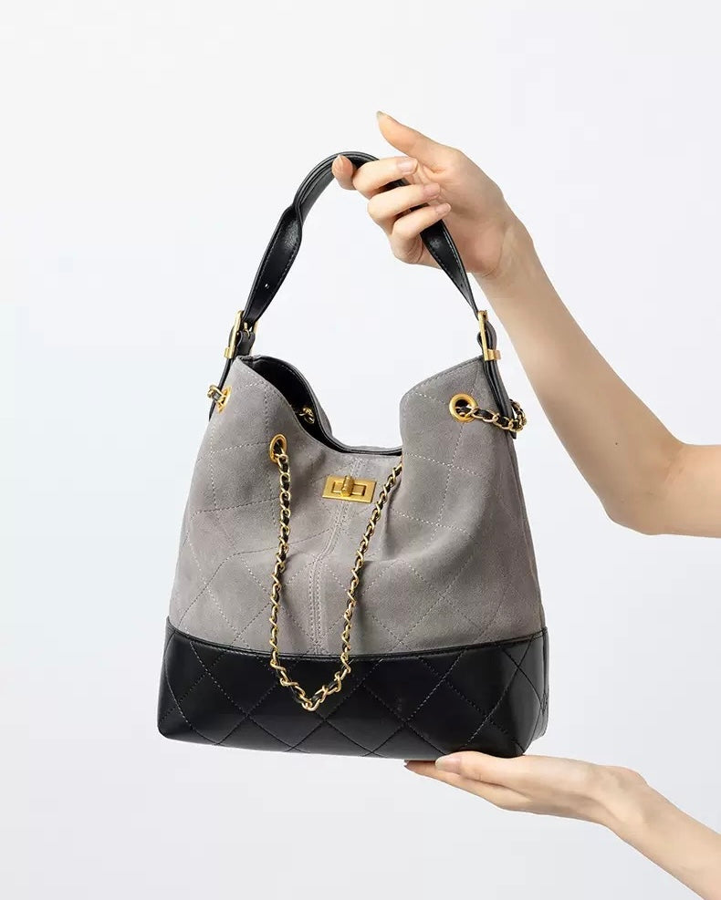 Color Block Suede & Leather Bucket Bag with Chain Detail