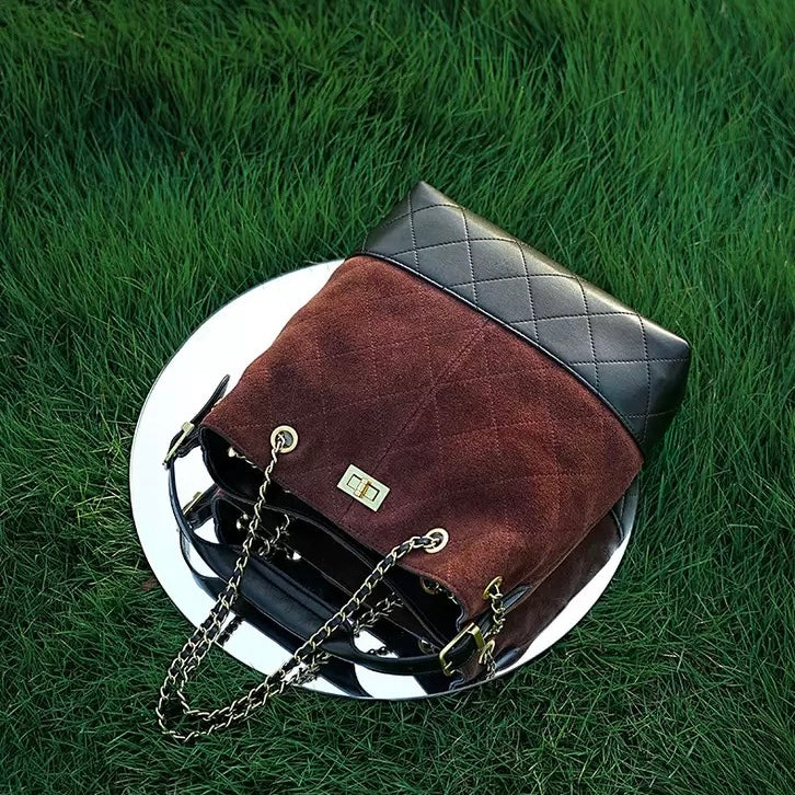 Color Block Suede & Leather Bucket Bag with Chain Detail