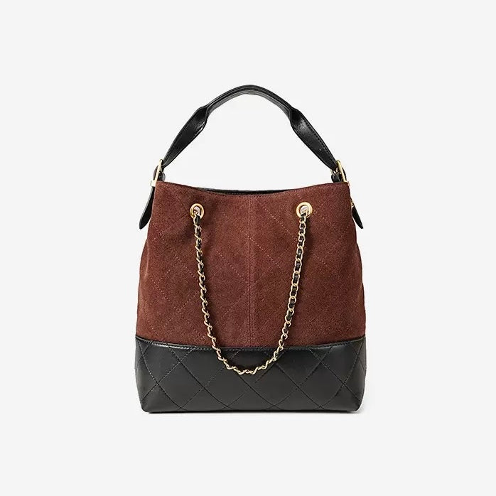 Color Block Suede & Leather Bucket Bag with Chain Detail