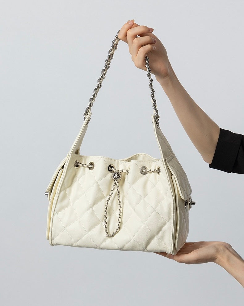 Caviar Pattern Genuine Leather Large Capacity Bucket Shoulder Bag