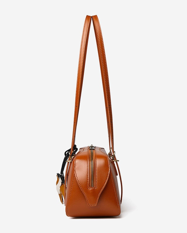 Genuine Leather Retro Bowling Bag with Horse Charm