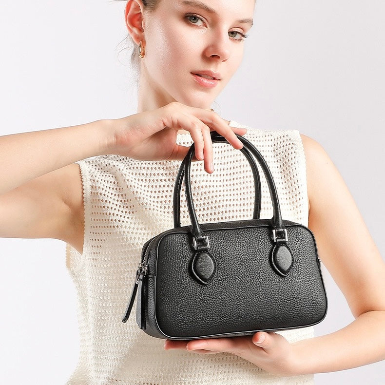 Elegant Leather Handheld Boston Bag