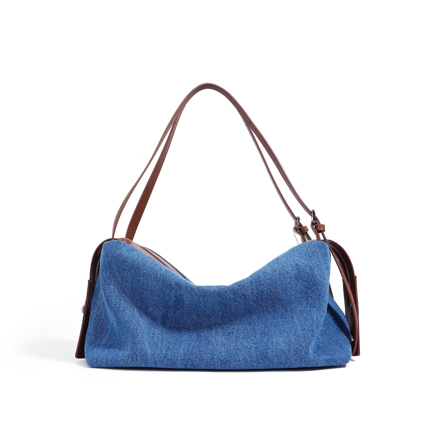 Vintage-Inspired Genuine Leather and Denim Patchwork Shoulder Bag