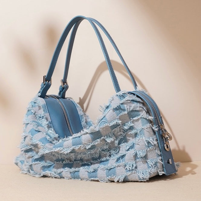 Vintage-Inspired Genuine Leather and Denim Patchwork Shoulder Bag