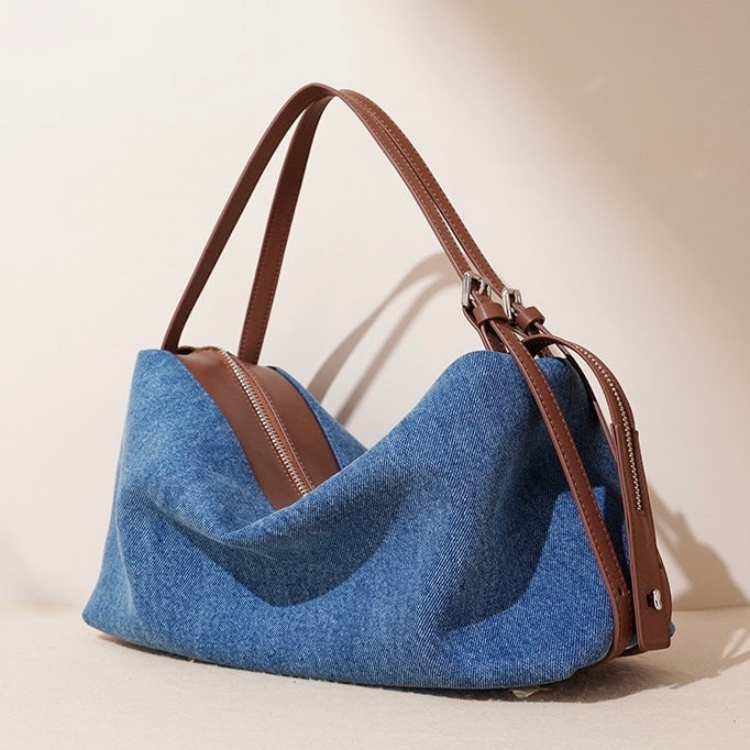 Vintage-Inspired Genuine Leather and Denim Patchwork Shoulder Bag