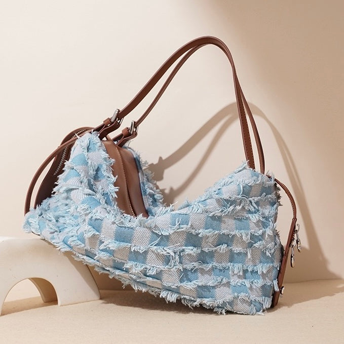 Vintage-Inspired Genuine Leather and Denim Patchwork Shoulder Bag