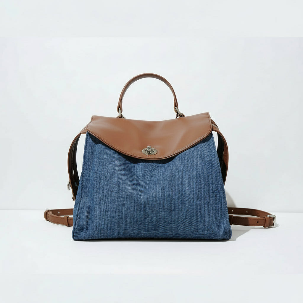 Elegant Leather & Denim Patchwork Commuter Backpack - Large Capacity
