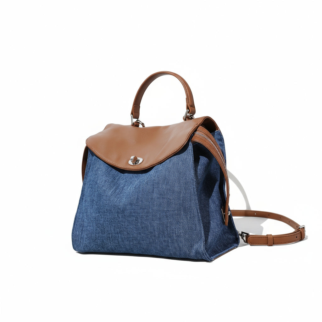 Elegant Leather & Denim Patchwork Commuter Backpack - Large Capacity