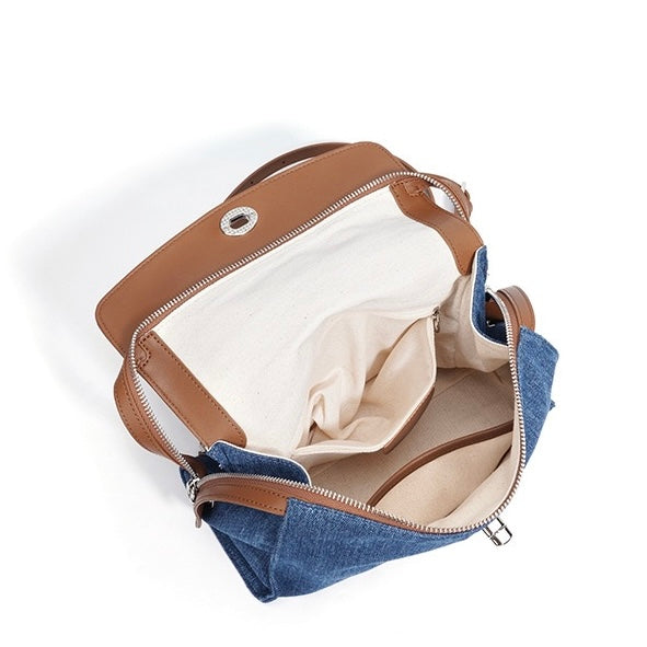 Elegant Leather & Denim Patchwork Commuter Backpack - Large Capacity