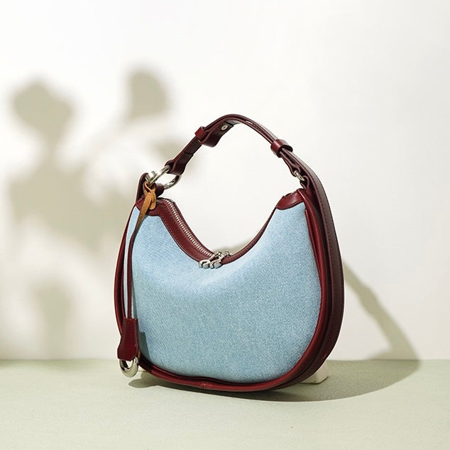 Elegant Crescent Mini Leather & Denim Shoulder Bag for Spring/Summer