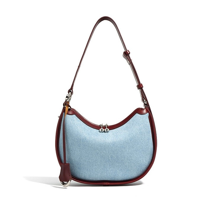 Elegant Crescent Mini Leather & Denim Shoulder Bag for Spring/Summer