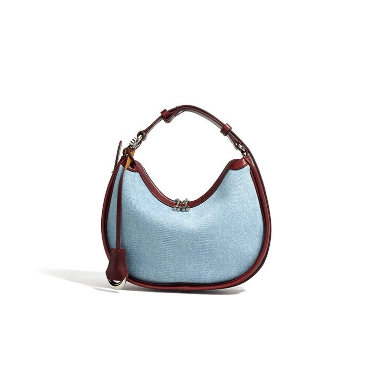 Elegant Crescent Mini Leather & Denim Shoulder Bag for Spring/Summer