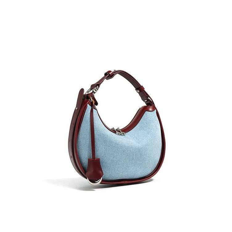 Elegant Crescent Mini Leather & Denim Shoulder Bag for Spring/Summer