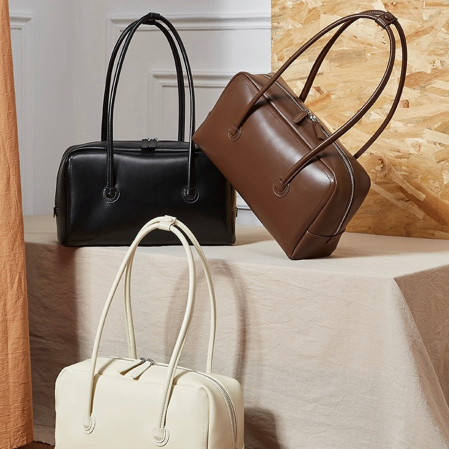 Genuine Leather Boston Structured Pillow Shoulder Bag