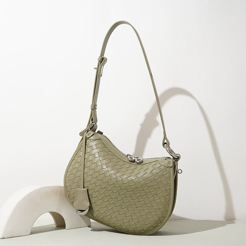 Woven Genuine Leather Crescent Shoulder Bag