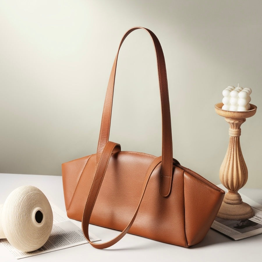 Genuine Leather Winged Pleated Tote – Elegant Minimalist Commuter Bag