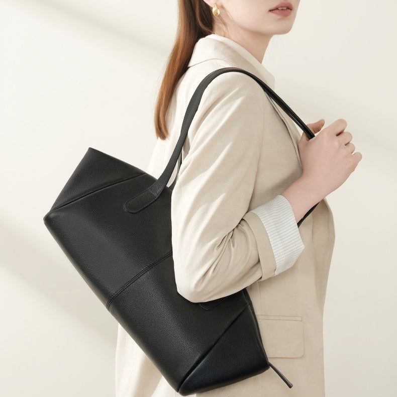 Genuine Leather Winged Pleated Tote – Elegant Minimalist Commuter Bag