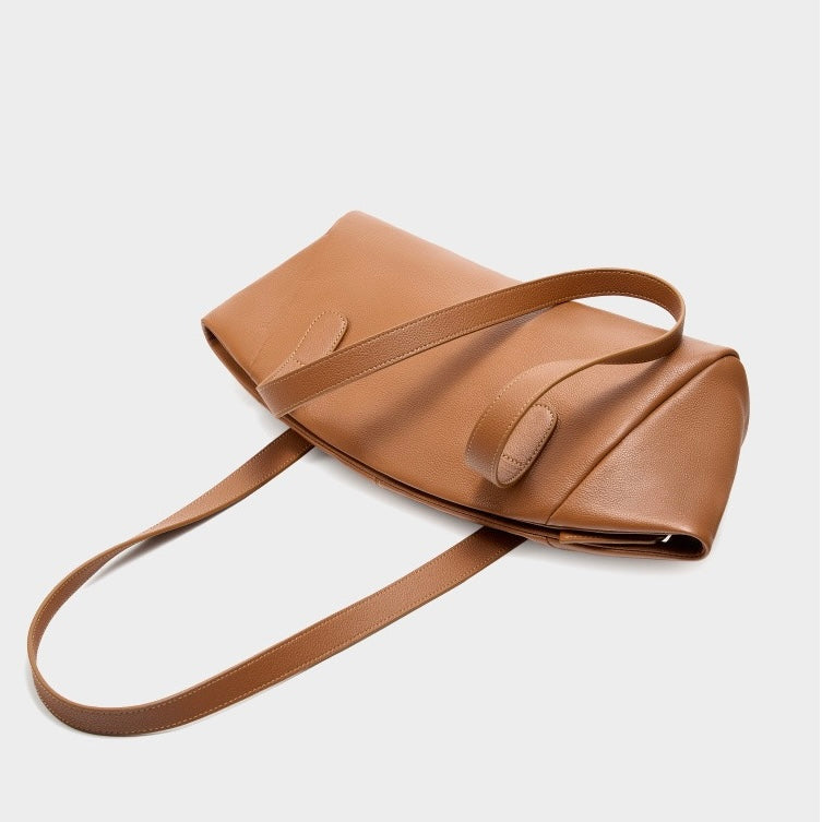 Genuine Leather Winged Pleated Tote – Elegant Minimalist Commuter Bag