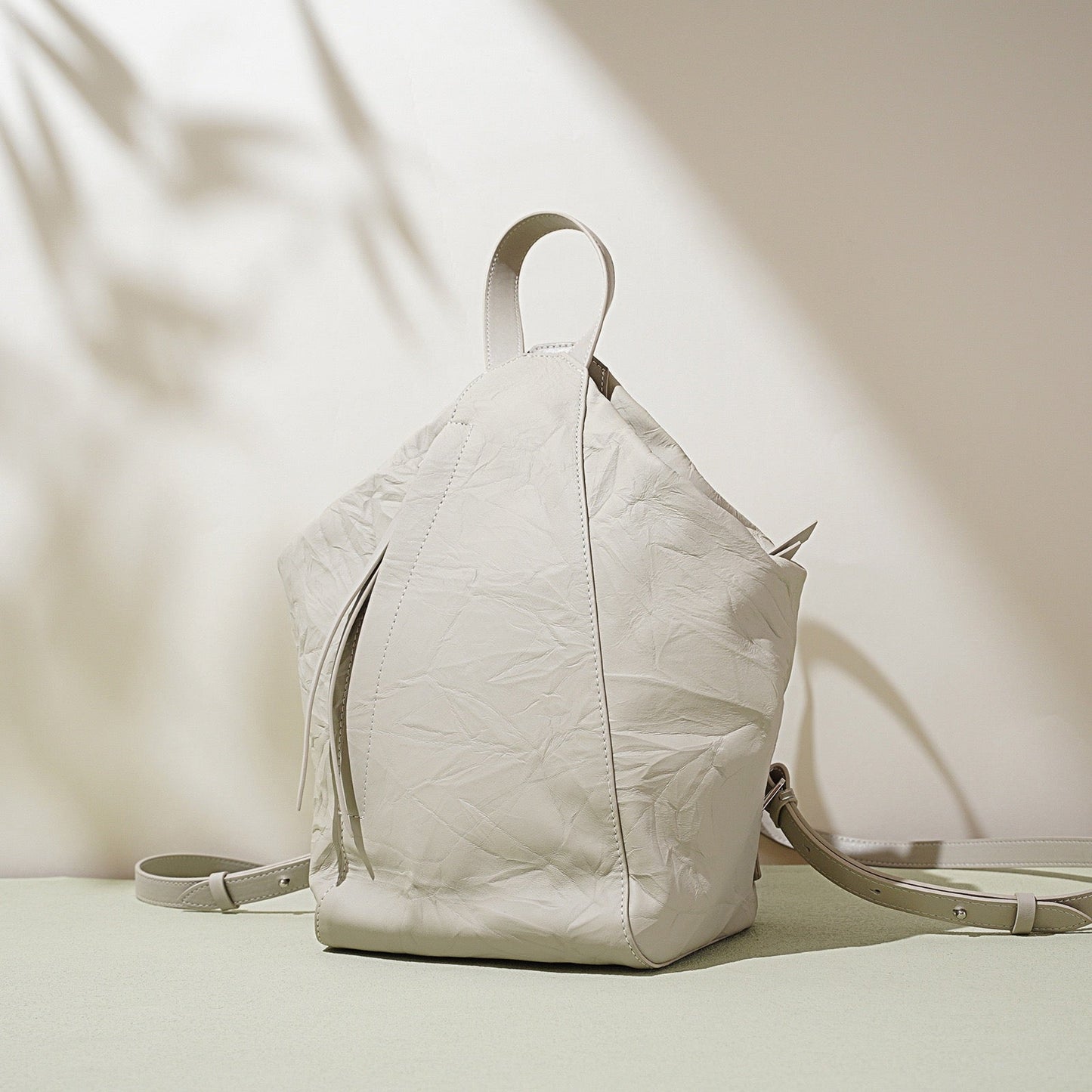 Convertible Pleated Genuine Leather Backpack in Creamy White