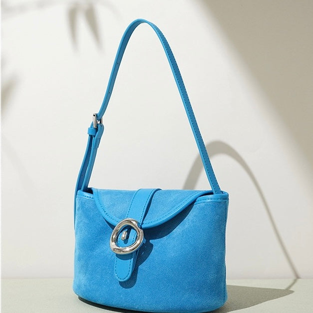 Matte Genuine Leather Colorblock Saddle Bag for Women