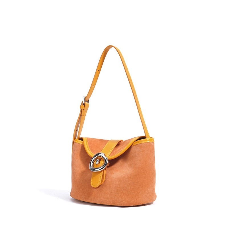 Matte Genuine Leather Colorblock Saddle Bag for Women