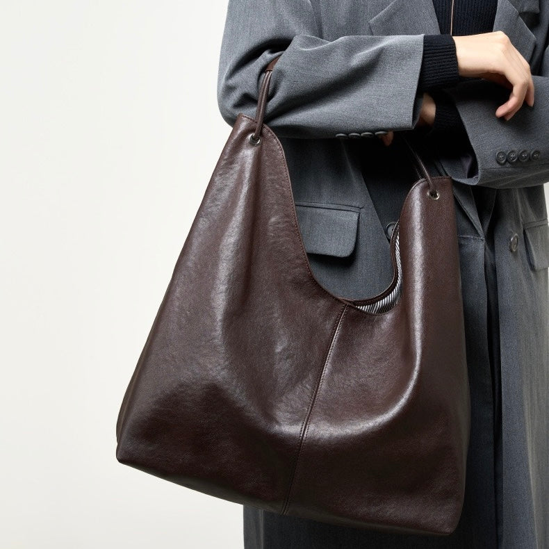 Genuine Leather Hobo Tote Bag - Large Capacity & Minimalist Design