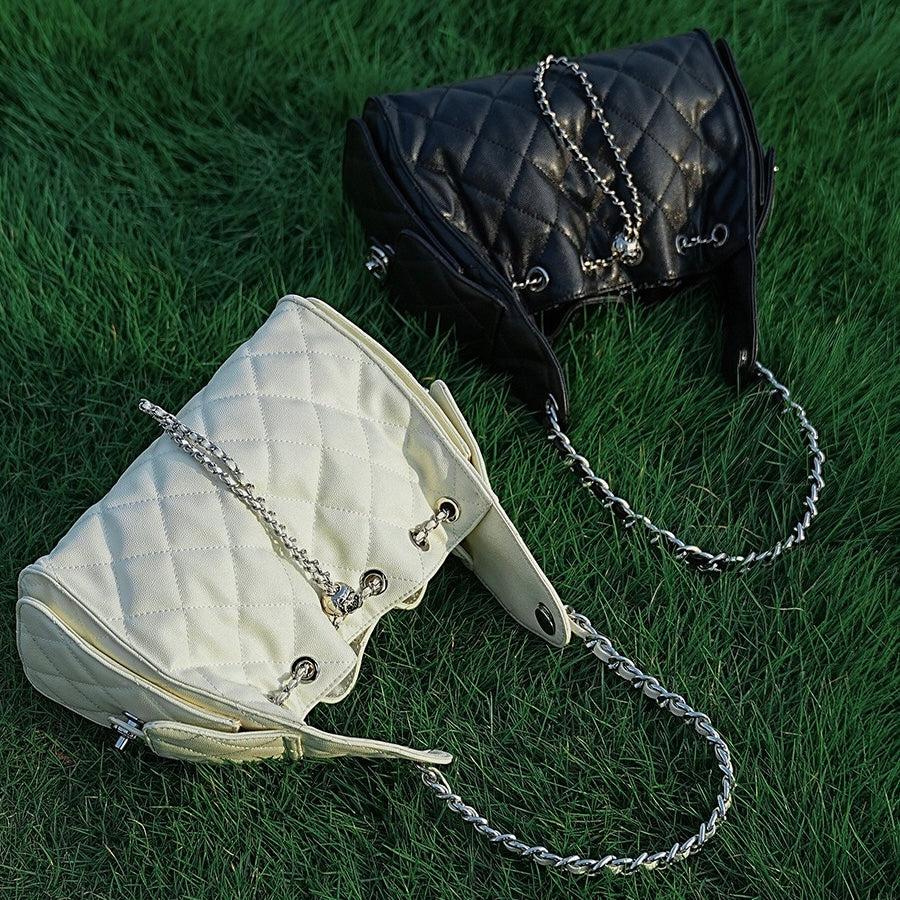 Caviar Pattern Genuine Leather Large Capacity Bucket Shoulder Bag