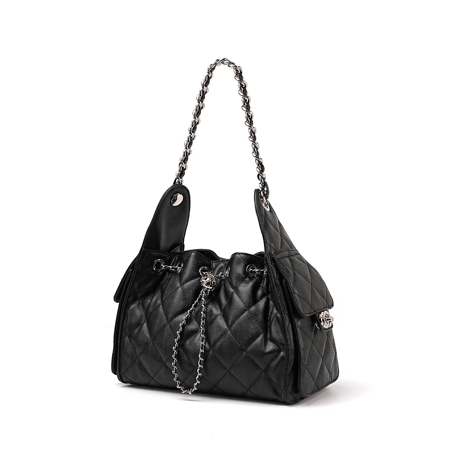 Caviar Pattern Genuine Leather Large Capacity Bucket Shoulder Bag