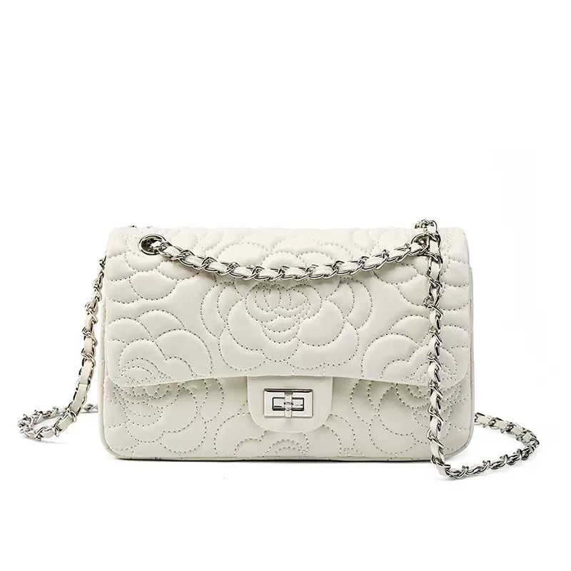 Quilted Sheepskin Camellia Chain Crossbody Bag