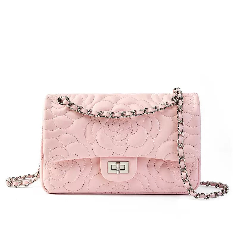Quilted Sheepskin Camellia Chain Crossbody Bag