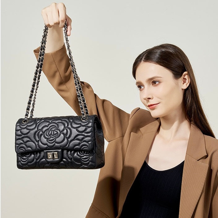 Quilted Sheepskin Camellia Chain Crossbody Bag