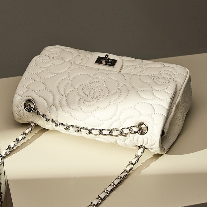Quilted Sheepskin Camellia Chain Crossbody Bag