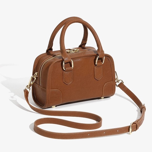 Chic Genuine Leather Boston Crossbody Bag with Whimsical Dachshund Pendant