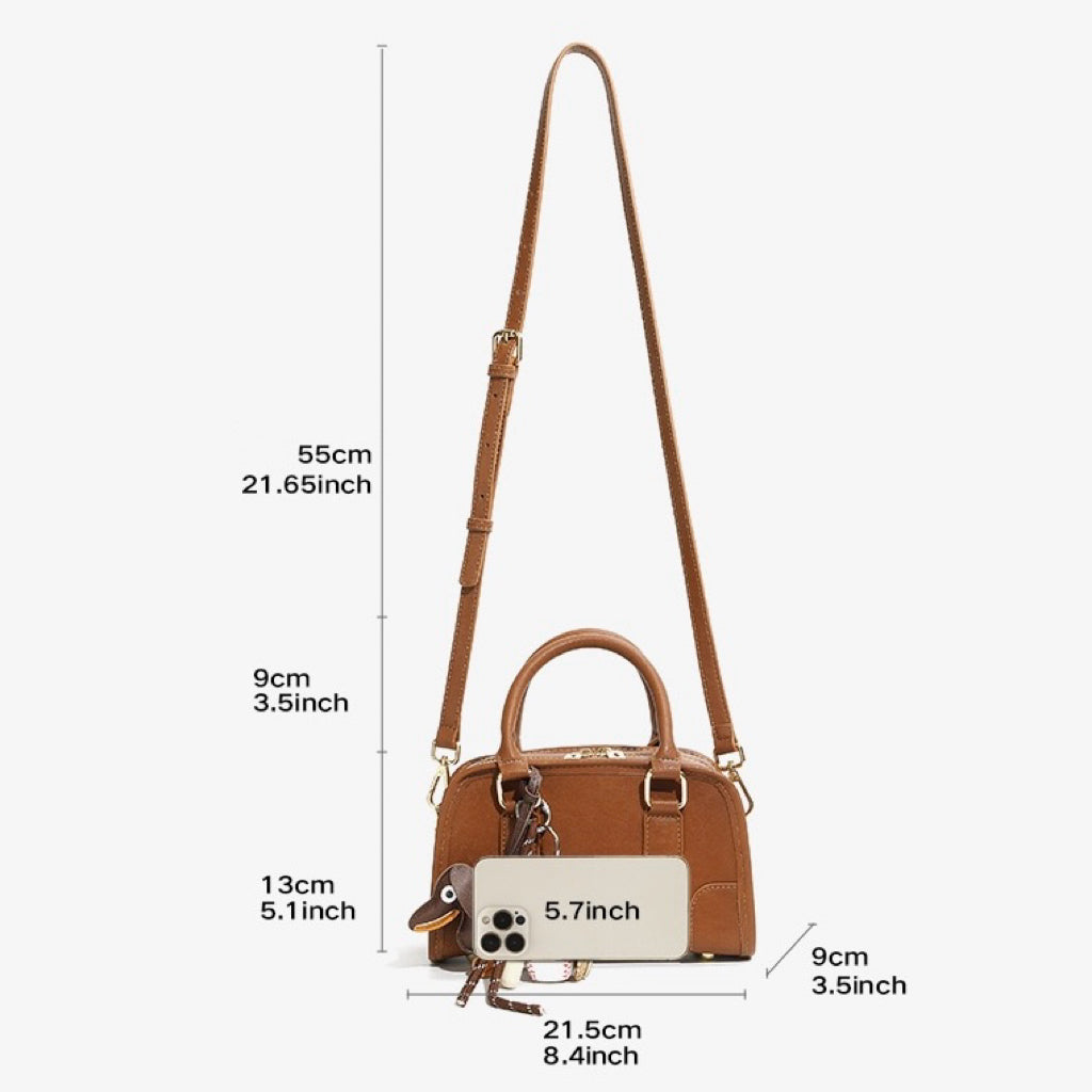 Chic Genuine Leather Boston Crossbody Bag with Whimsical Dachshund Pendant