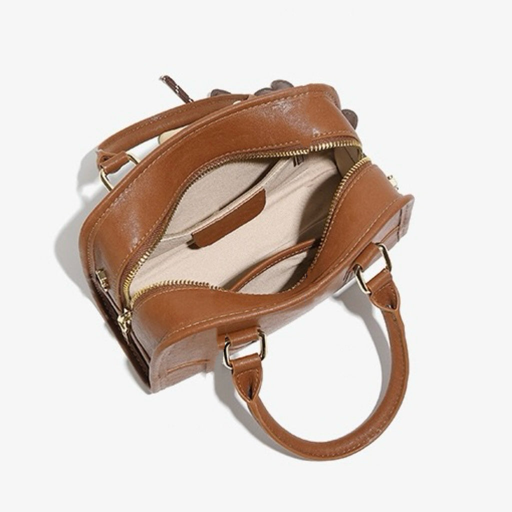 Chic Genuine Leather Boston Crossbody Bag with Whimsical Dachshund Pendant