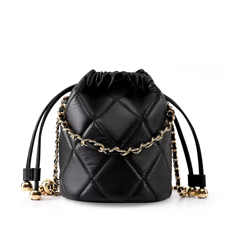 Chic Genuine Leather Bucket Bag with Elegant Chain Strap