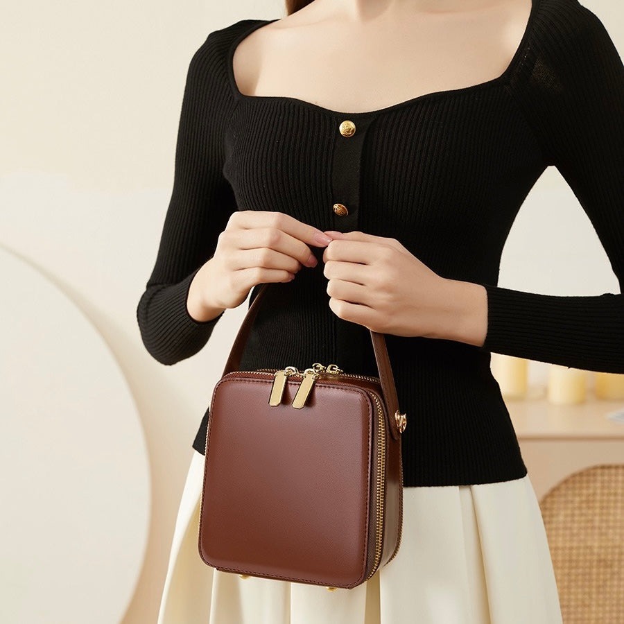Elegant Genuine Leather Boxy Handheld Crossbody Bag for Women