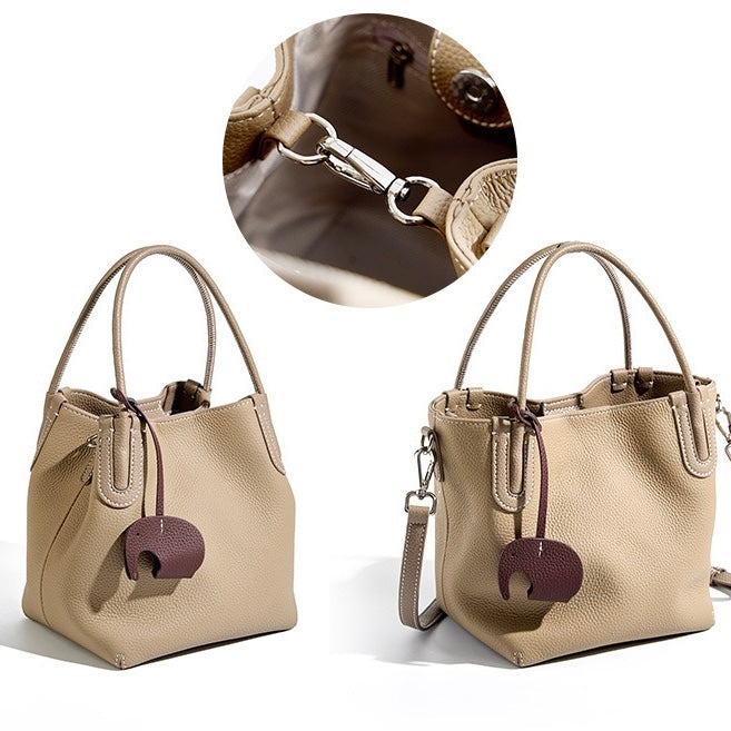 Elegant Leather Bucket Bag with Charming Elephant Pendant