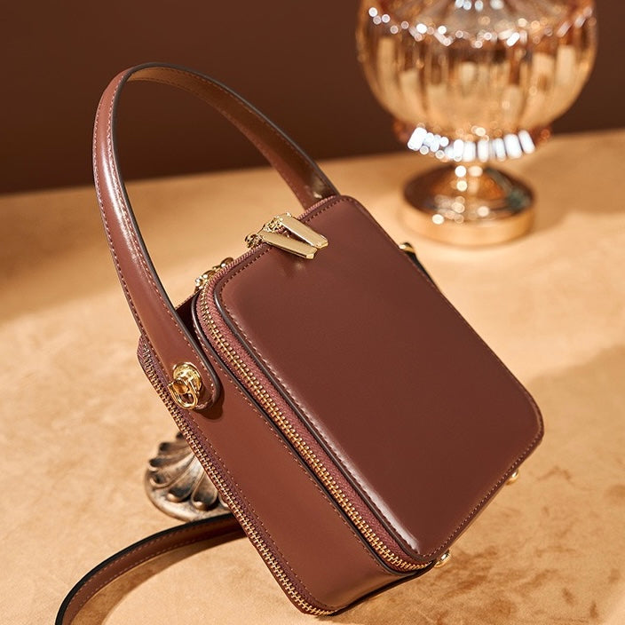 Elegant Genuine Leather Boxy Handheld Crossbody Bag for Women
