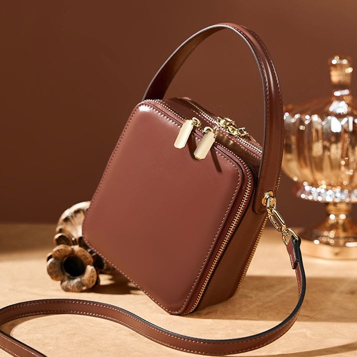 Elegant Genuine Leather Boxy Handheld Crossbody Bag for Women