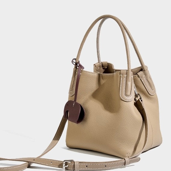 Elegant Leather Bucket Bag with Charming Elephant Pendant