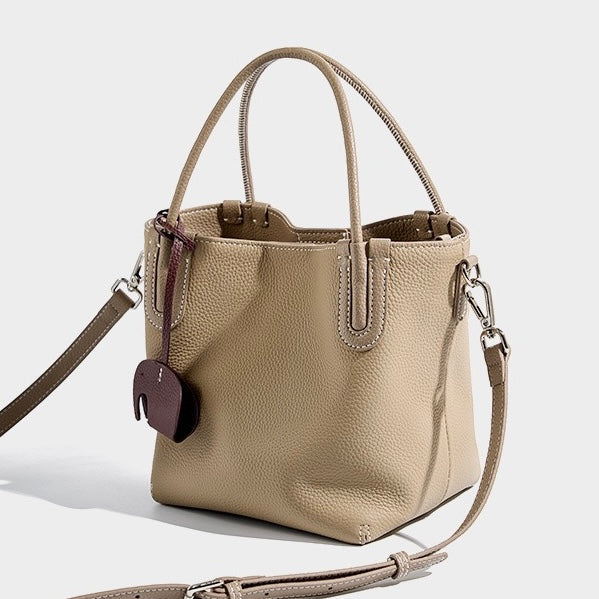 Elegant Leather Bucket Bag with Charming Elephant Pendant