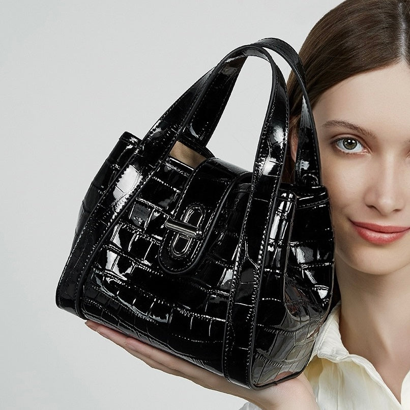 Croc-Embossed Luxury Leather Bucket Bag with Buckle Handle