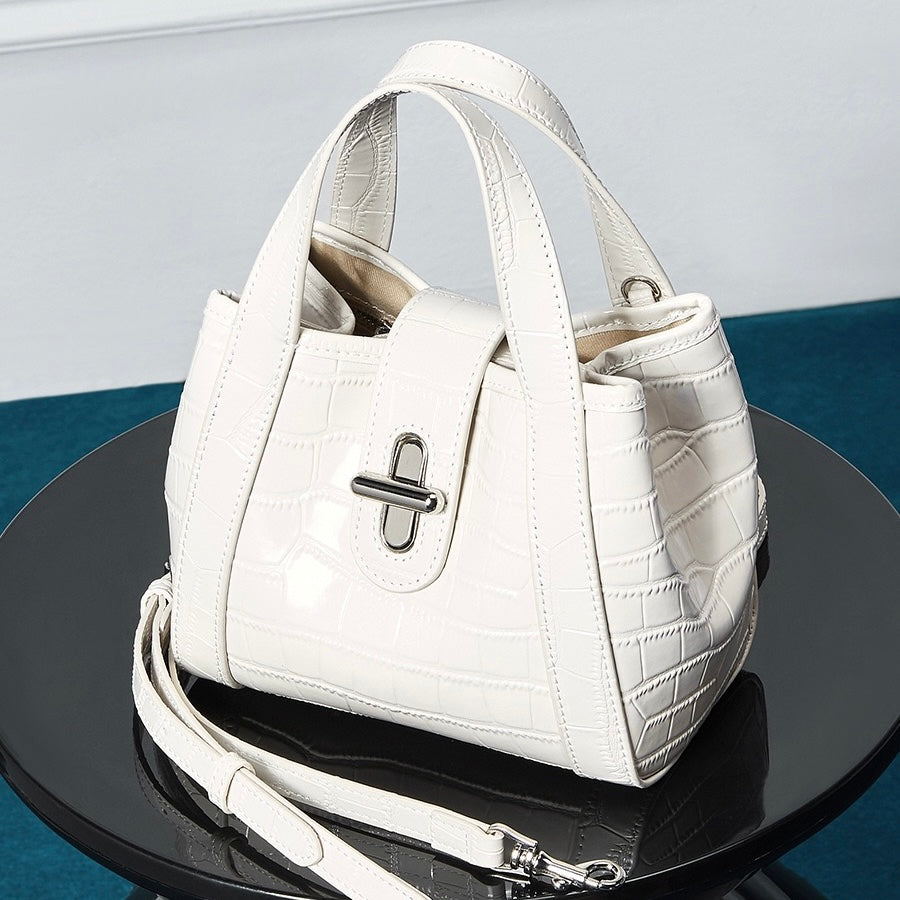 Croc-Embossed Luxury Leather Bucket Bag with Buckle Handle