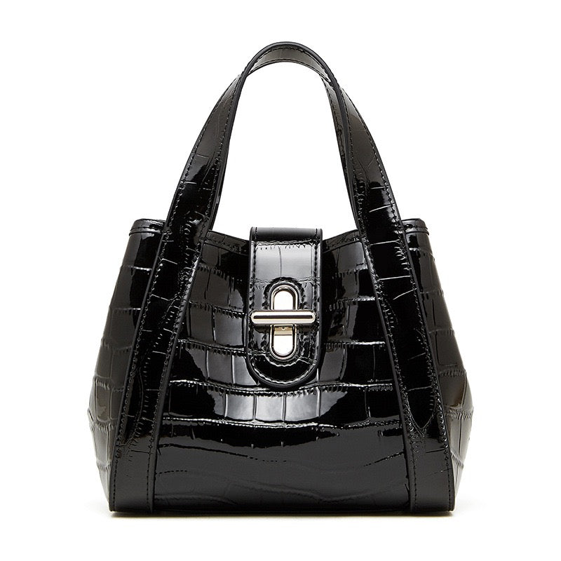 Croc-Embossed Luxury Leather Bucket Bag with Buckle Handle