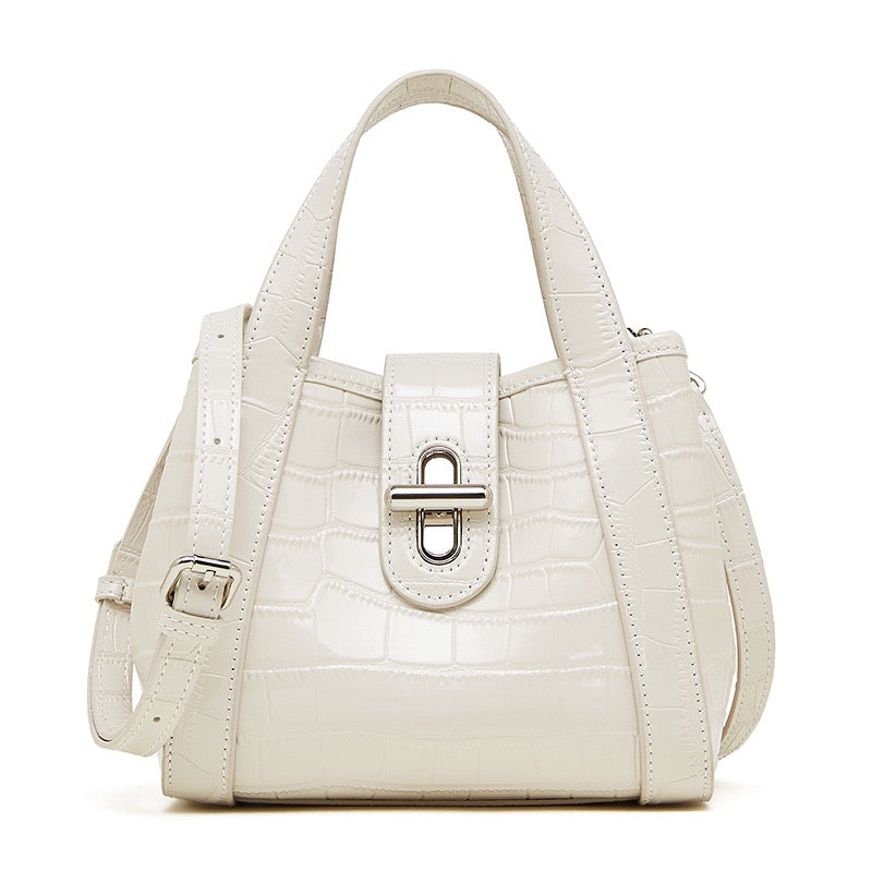 Croc-Embossed Luxury Leather Bucket Bag with Buckle Handle