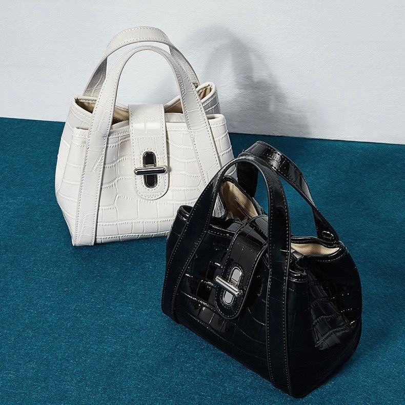 Croc-Embossed Luxury Leather Bucket Bag with Buckle Handle